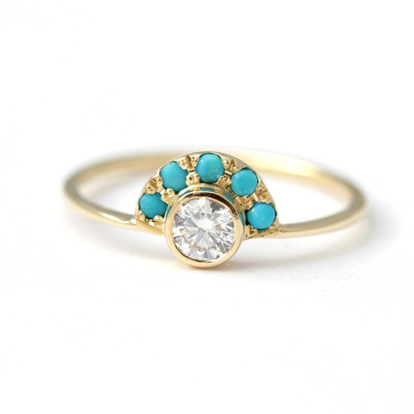 Mariage - Diamond Engagement Ring with Turquoise - Alternative Engagement Ring - Turquoise Ring - Round Diamond Ring - 18k Solid Gold