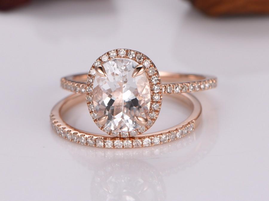 Wedding - 2pcs bridal ring set,morganite engagement ring with rhodium cz,rose gold plated/sterling silver,thin matching band,custom made fine jewelry