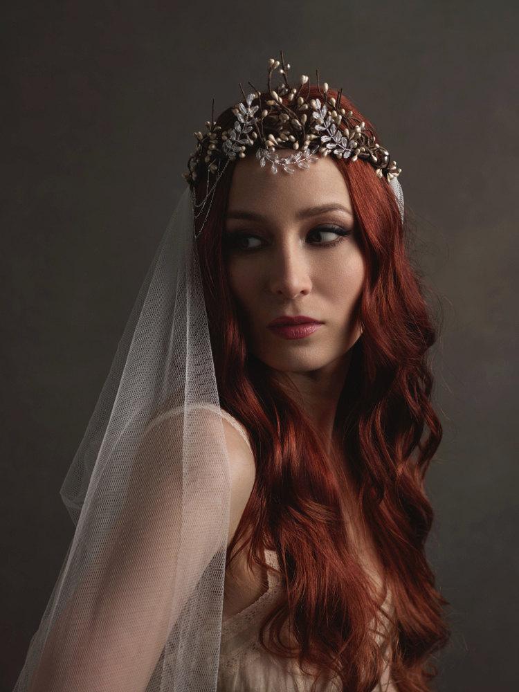 زفاف - Silver wedding headpiece, bridal veil, boho crown, long wedding veil, medieval crown, wedding headdress, hair accessories - Lady of the Lake