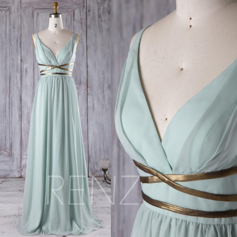 Свадьба - 2016 Dusty Shale Chiffon Bridesmaid Dress, Deep V Neck Wedding Dress with Gold Belt, A Line Prom Dress, Long Evening Gown Floor Length(T171)