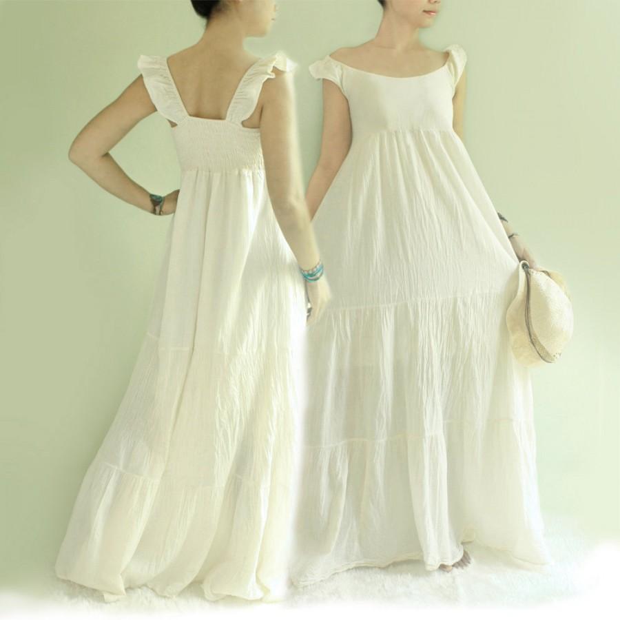 Wedding - SALE 30% Off, Summer Boho Gypsy Off Shoulder Tiered Maxi Cotton Dress in Off White, Beach Wedding