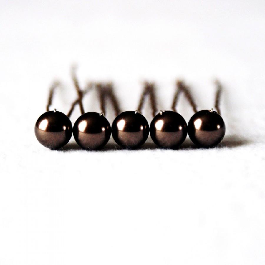 Mariage - Chocolate Brown Wedding Hair Pins. Set of 5, 8mm Swarovski Crystal Pearls