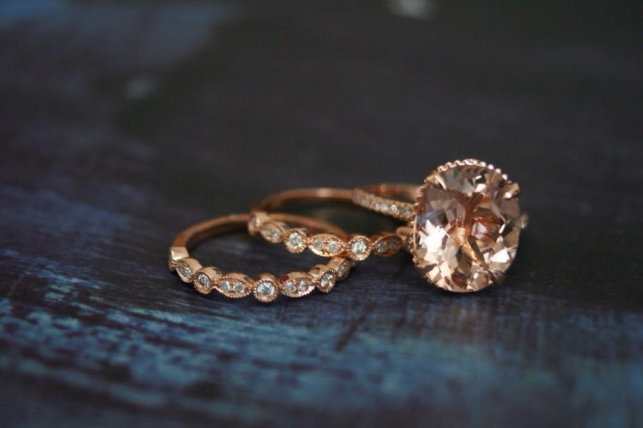 Wedding - Diamond Rose Gold Morganite Engagement Ring, Rose Gold Morganite Ring, Engagement Ring, Morganite, Oval Morganite Wedding Set, 2 bands