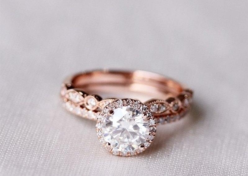 Wedding - Round Moissanite Diamond, Halo Engagement Ring, Rose Gold Art Deco, Wedding set,  Moissanite Wedding set, Diamond, Rose Gold, Halo Diamond