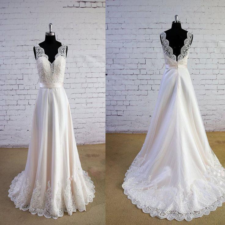 زفاف - Special Wheat Color Wedding Dress V-Neck Wedding Dress V-Back Lace A-line Bridal Gown Wedding Dresses, WD0023 - Custom Size / Picture Color