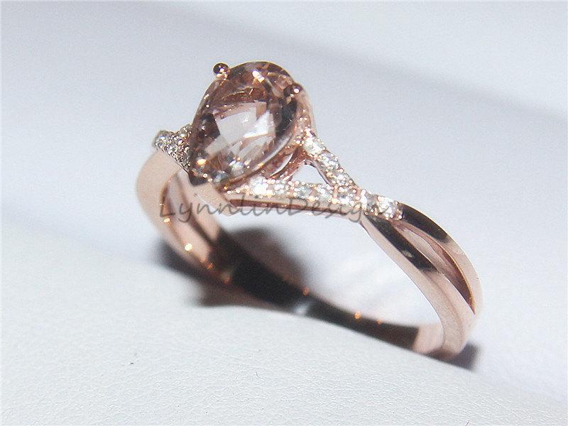 Wedding - Natural Gems Ring 1.6ct Pear Shape Morganite Solid 14K Rose Gold Diamond Engagement Ring Pear Morganite Engagement Ring Floral Fancy Ring