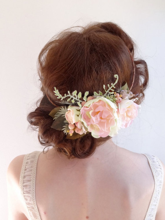 Wedding - flower crown wedding, floral crown, blush flower crown, pink peony hairpiece, bridal headpiece, pink floral crown, wedding headpiece