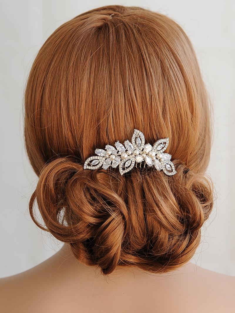 زفاف - Crystal Bridal Hair Comb, Swarovski Pearl Cluster Wedding Hair Comb, Leaf Bridal Hairpiece, Vintage Style Rhinestone Hair Clip, AUGUSTINA