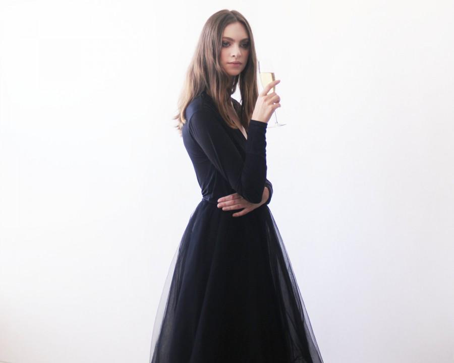 Mariage - Black maxi length tulle gown with long sleeves , Black bridesmaids tulle gown 1066