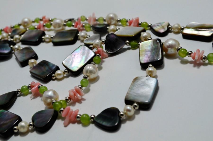 Wedding - Abalone Shell, Perl, Chrysolite and Coral Statement Long Multicolour Necklace; Beaded Holiday Fashion Beach Style Necklace; Christmas Gift