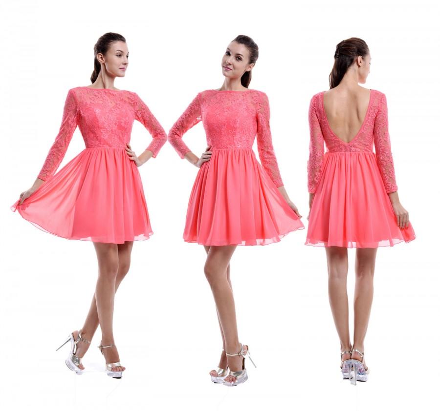 زفاف - Coral Lace Bridesmaid Dress,  Bateau Neck V back Lace Bridesmaid Dress With Three Quarters Sleeves