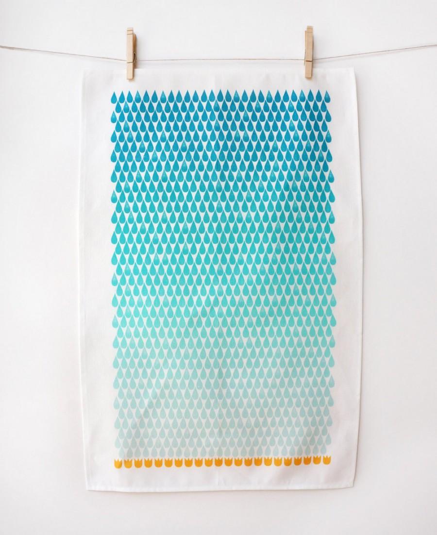 Mariage - Spring Rain tea towel • turquoise ombre and yellow flowers • linen-cotton blend