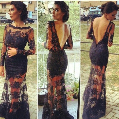 Mariage - Amazing A-Line Jewel Floor Length Long Sleeves Lace Black Prom Dress from Dressywomen