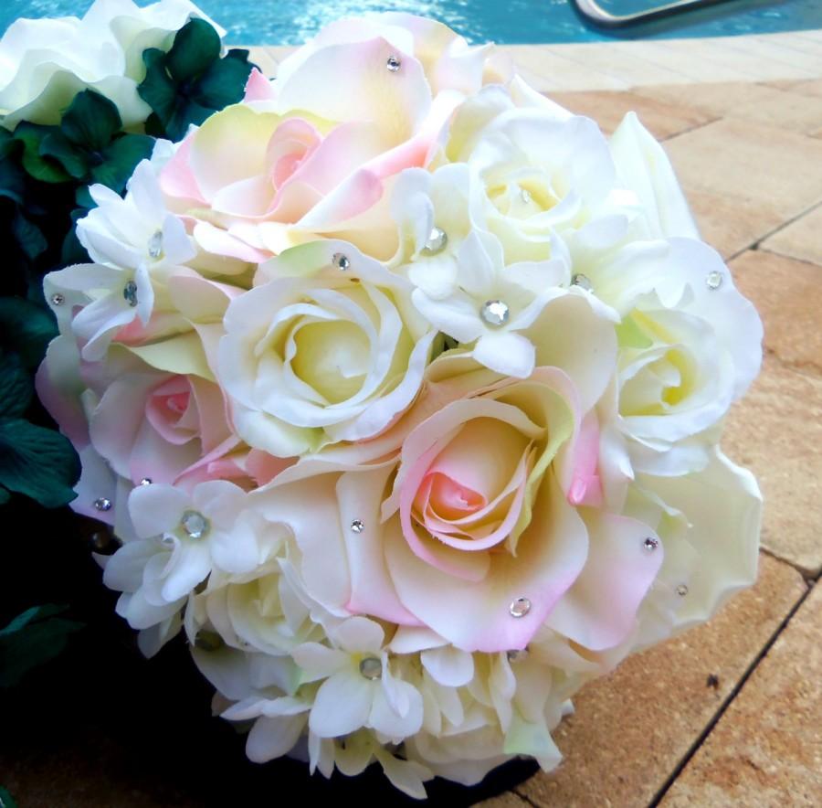 Wedding - White Rose Bouquet-Real Touch Wedding Bouquet  Blush Pink Wedding Bouquet Garden Bouquet Boutonniere White and Blush Pink Wedding Bouquet