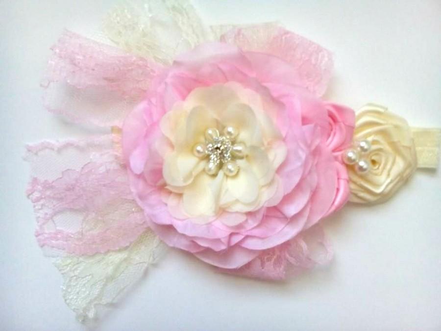 Hochzeit - Pink Flower girl headband - Rustic Wedding headband- Pink Ivory headband -Baby Child Girls headband-