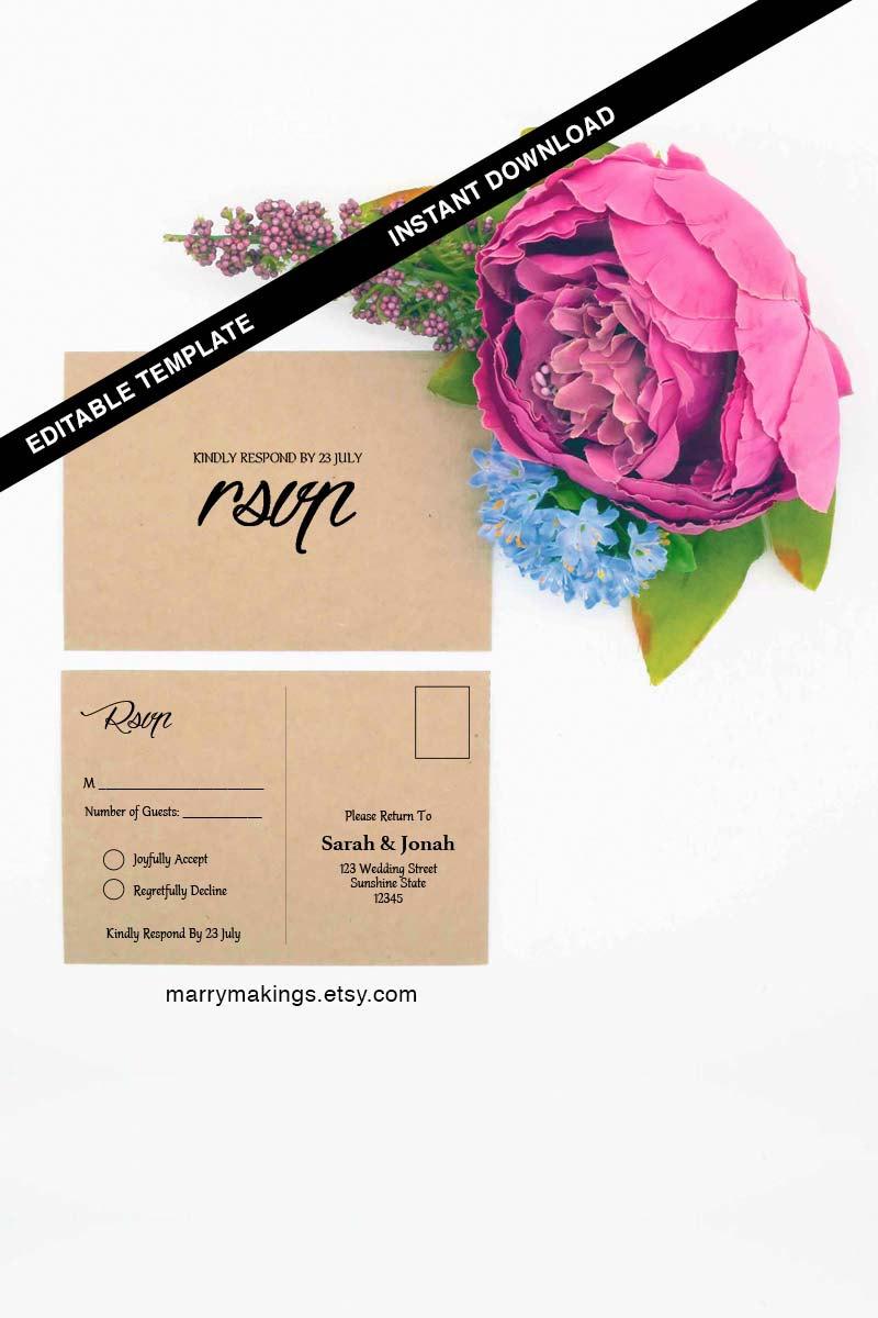 Свадьба - Wedding RSVP Postcard Template, Printable Wedding, Editable RSVP Template, Wedding Template, Instant Download, DIY Wedding Rsvp Card, 01