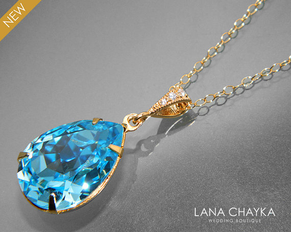 Mariage - Aquamarine Blue Crystal Necklace Swarovski Aquamarine Rhinestone Gold Necklace Blue Gold Teardrop Necklace Wedding Bridal Bridesmaid Jewelry