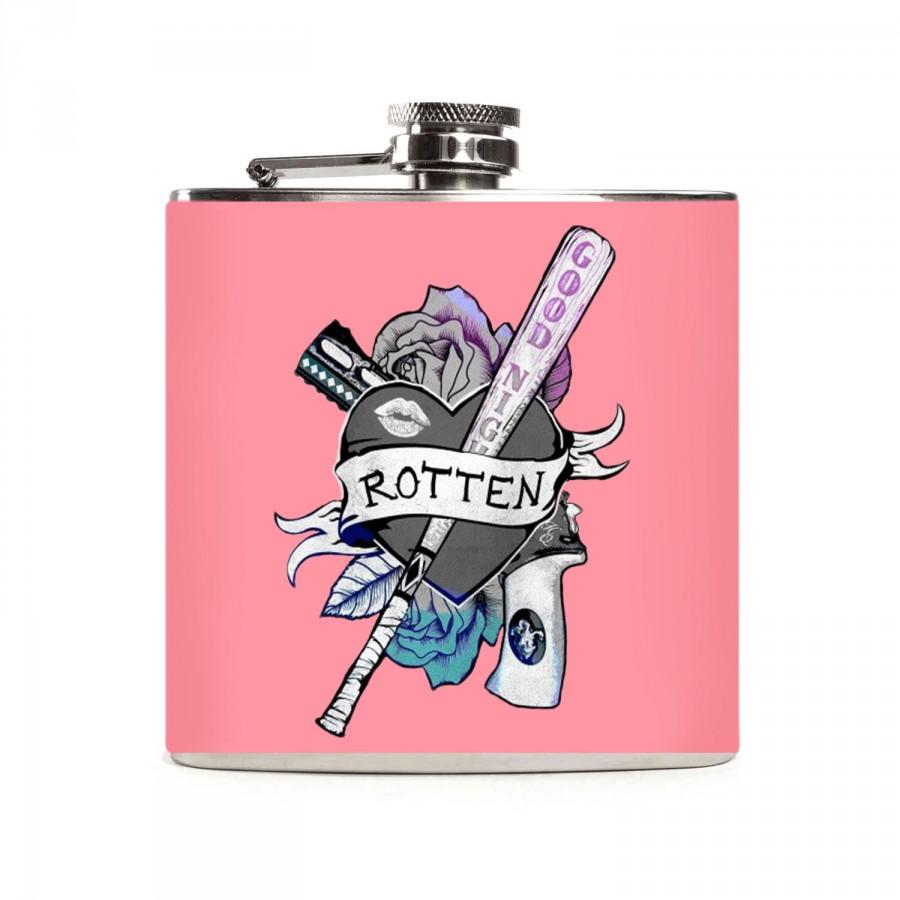 Hochzeit - Harley Quinn Suicide Squad Flask for Women, Pink, DC Comics, Guns n Roses, Stainless Steel 6oz Hip Flask
