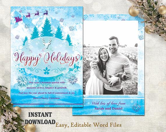 Wedding - Christmas Card Template - Holiday Greeting Card - Christmas Tree Card - Printable Card - Photo Card - Editable Word Template - Blue DIY Card