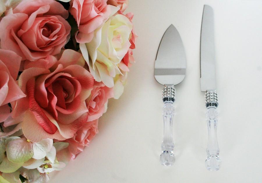 زفاف - Wedding Party Cake Knife Server Set with Faux Crystal Handle and Diamond accents