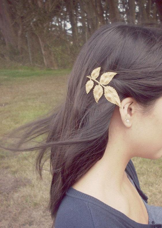 Wedding - Large Gold Leaf Bobby Pin Bridal Hair Clip Bride Bridesmaid Botanical Nature Rustic Woodland Wedding Accessories Womens Gift Autumn Fall