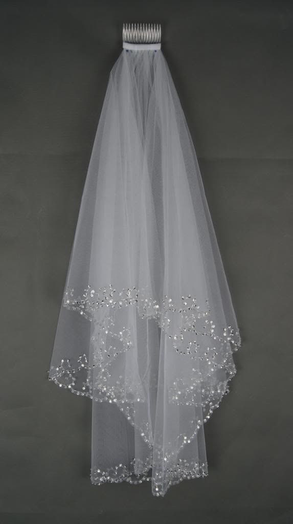 زفاف - Sequin and bead edge elbow length wedding veil, diamond white or white, two tier, cheap, with attached comb