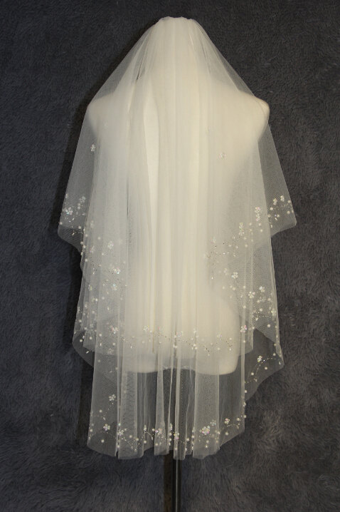 Wedding - Beaded veil with pearl river sequins. Beaded elbow length wedding veil.2 layer bridal veil