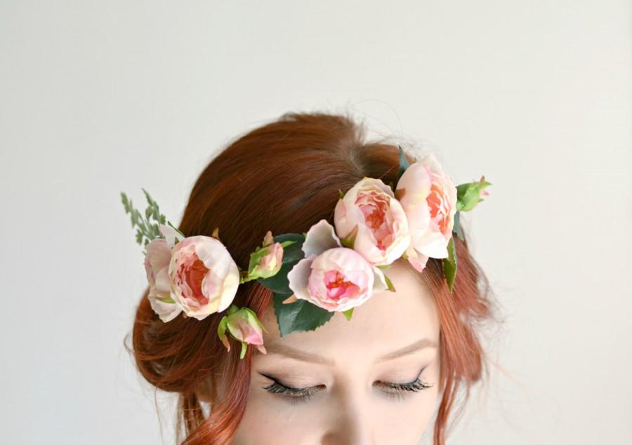 زفاف - Bridal cirlcet, Rose crown, pink floral crown, woodland wedding, boho headpiece, bridal hairpiece, hair accessory - Petals and fern