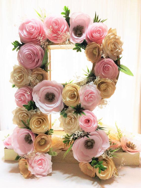 Wedding - Floral letter - Paper mache Letter - Blush & gold paper flower letter - Floral wall monogram - Baby shower letter - Nursery floral decor