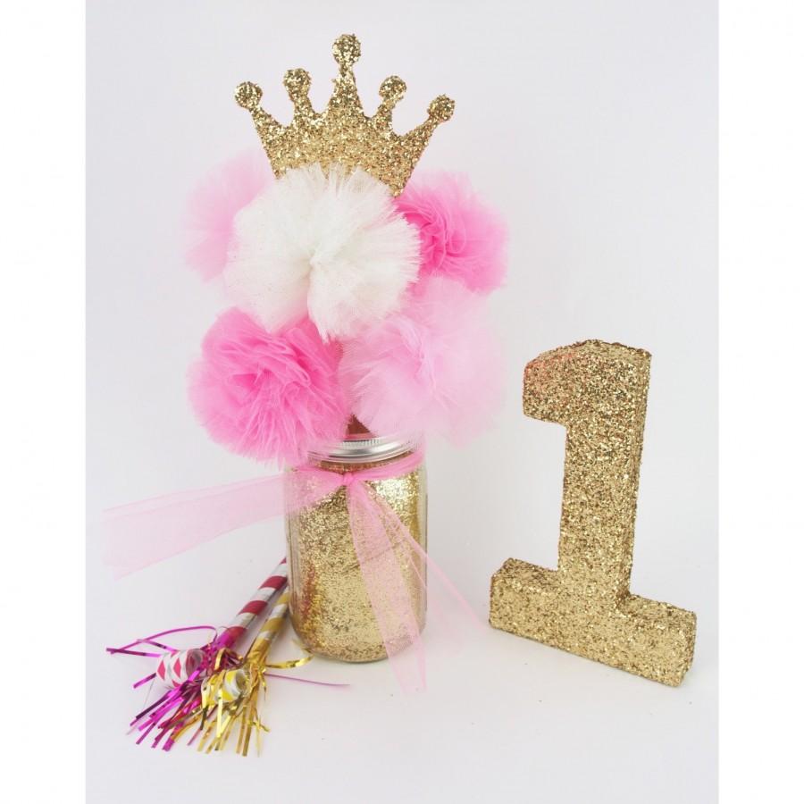 Mariage - Hand Glittered Gold Mason Jar Tulle Pom Pom Princess Centerpiece! Customize your Colors!