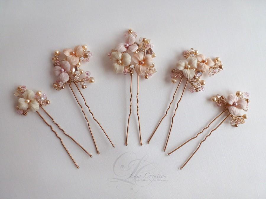 Свадьба - Hair Pins Set Pink Tones Floral Bouquet Bridal Gold  - Floral Hair Pins Set Wedding Hair style - Gold and Blush Wedding Floral Hair Pins set