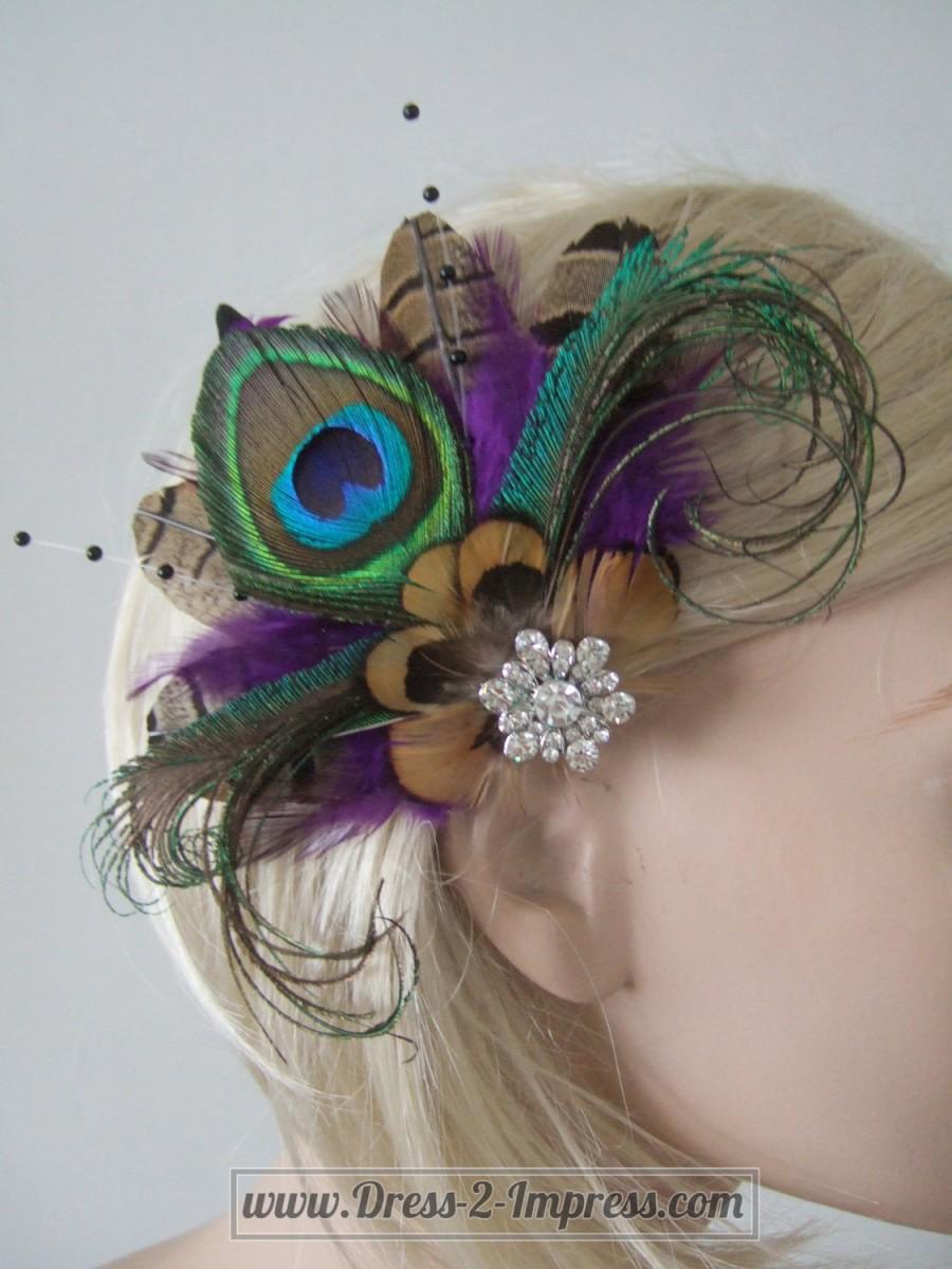 Свадьба - Purple Brown Peacock Pheasant Feathers Fascinator Hair Clip "Lyssa" Bridal - 1 Day to Make - Bride Bridesmaids Woodland Wedding Party Ideas