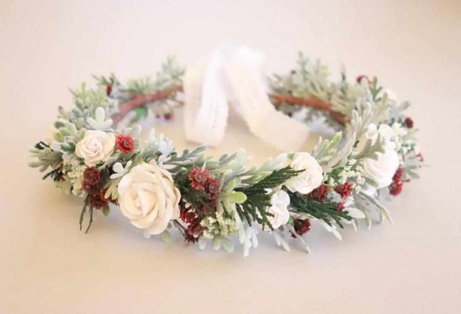 Wedding - Winter Wedding Crown, Floral Crown, Winter Flower Crown, Woodland Headdress, Christmas Flower Crown, Bridal Flower Crown, "DECEMBER"