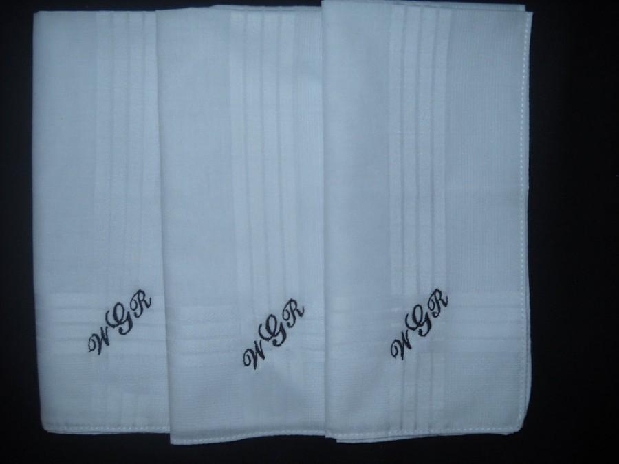 Hochzeit - 3 Mens Monogrammed Handkerchiefs Script embroidered Groommens,Dad,Grandpa's Gift 100% Cotton 2nd anniversary gift, Christmas Gift. Hankies