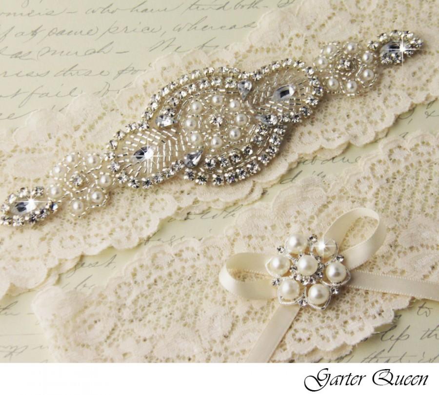 Hochzeit - Bridal Garter Set, Ivory Lace Garter Set, Wedding Garter Set, Ivory Stretch Lace, Rhinestone and Crystal garters