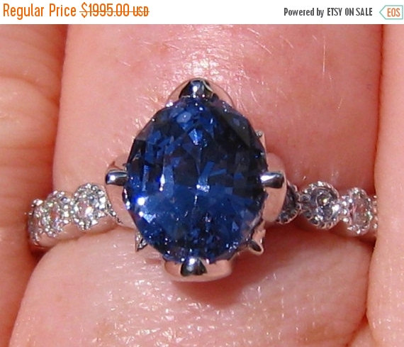 زفاف - HOLIDAY SALE... 2.5  Carat Precision Cut Blue Spinel in White Gold Lotus Diamond Engagement Ring with Milgrain Bezels, Blue Spinel Engagemen