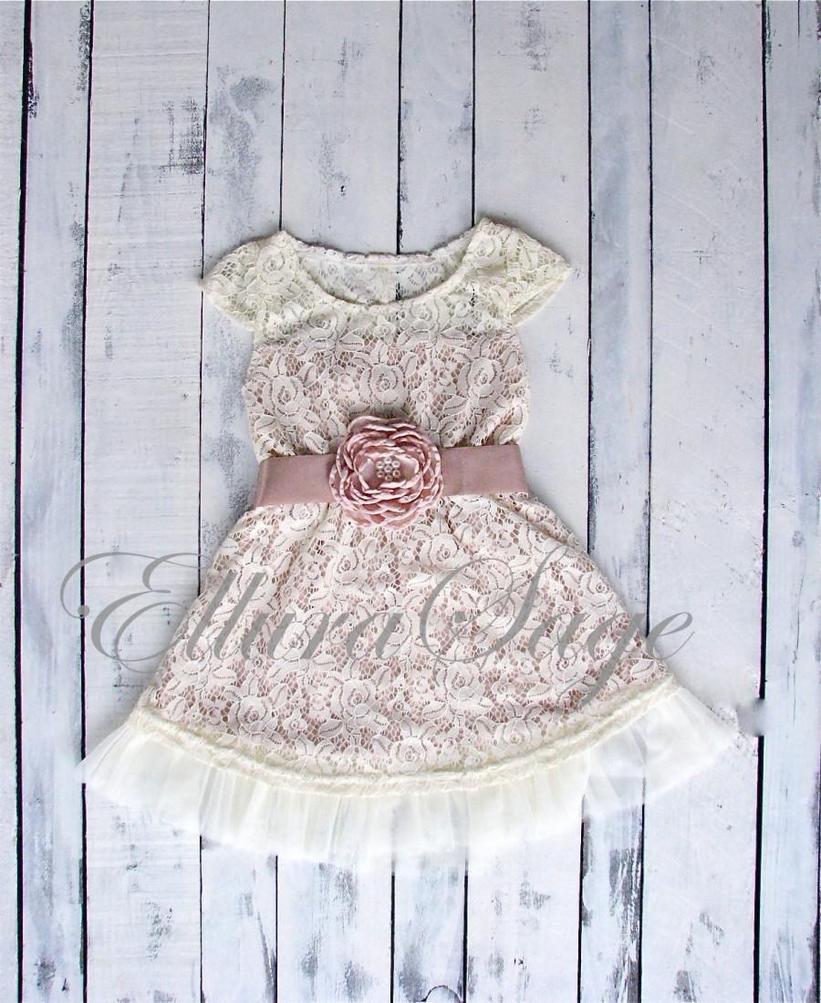 Hochzeit - Champagne flower girl dress, lace baby dress, rustic flower girl dress, country flower girl dress, lace girls dresses, flower girl dress.