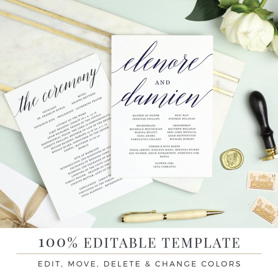 Wedding - Wedding Program Template, Printable Flat Program, Double Sided, Word or Pages, Mac or PC, Modern Calligraphy, Instant DOWNLOAD