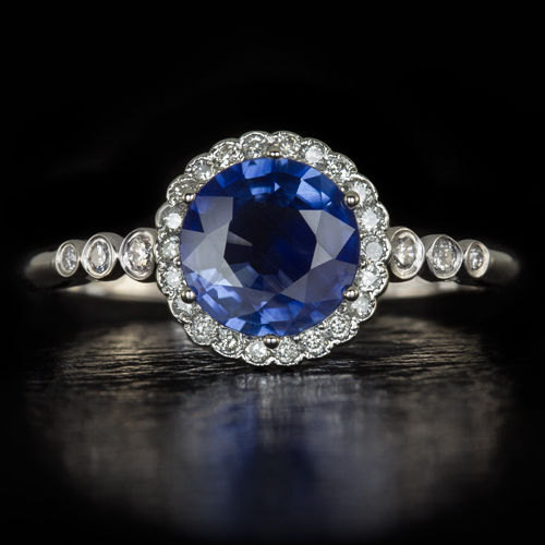 Hochzeit - Natural Blue Sapphire Solitiaire Engagement Ring Diamond Halo Round 1.22ct Cocktail Statement 8122-BS