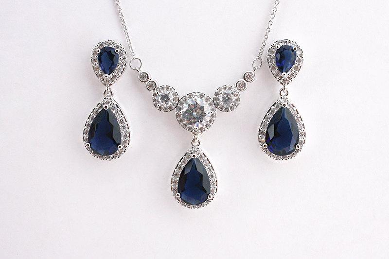 Hochzeit - Bethany - Sapphire Blue Wedding Jewelry SET,  Bridal Necklace + Earrings, Bridal Teardrop Set, Swarovski Jewelry Set, Bridesmaid Gift