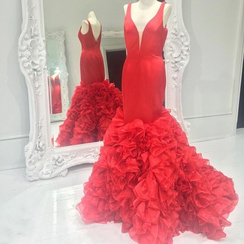 Wedding - Honorable V Neck Red Mermaid Sleeveless Backless Gown Dress from Dressywomen