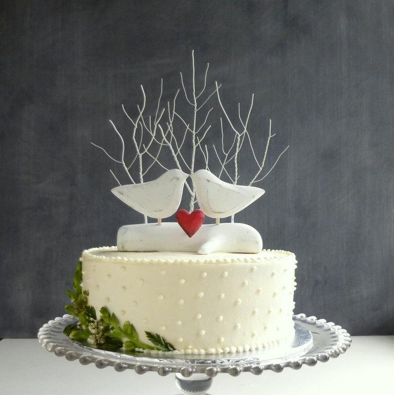 Mariage - Tree Wedding Cake Topper with Love Birds, Bird Cake Topper, White Wedding Decor