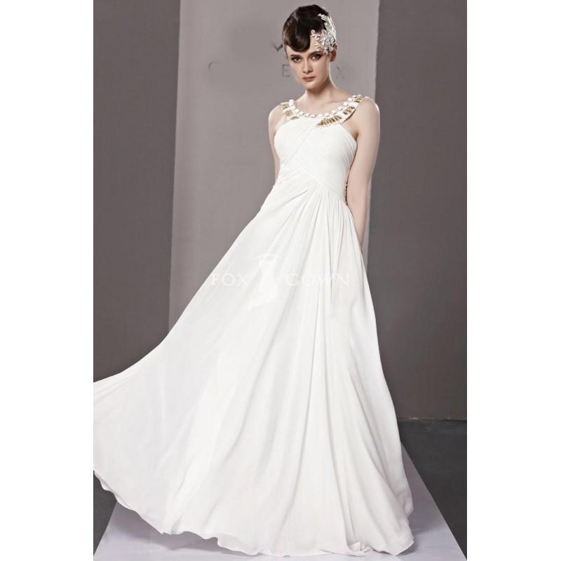 Свадьба - Reinen weißen Stock Länge Abendkleid mit Perlen Ausschnitt Chiffon - Festliche Kleider 