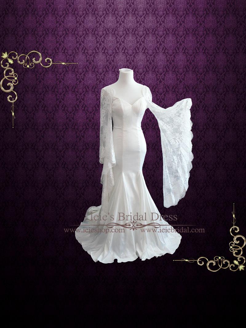 زفاف - Mermaid Satin Wedding Dress with Bell Sleeves and Open Back 