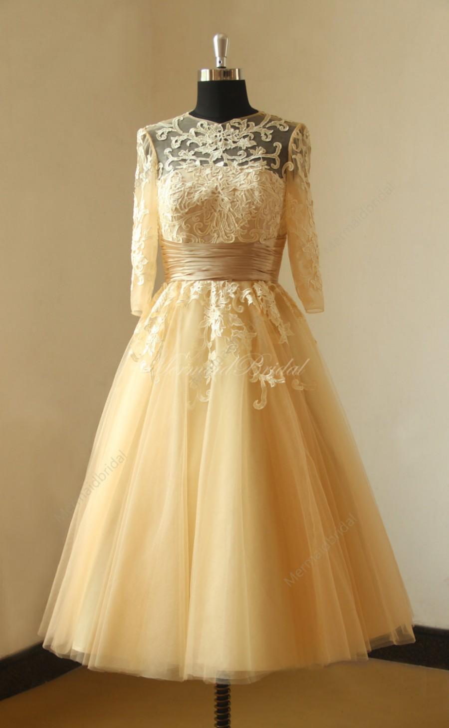 Свадьба - Vintage chanpamgne tea length lace wedding dress with mid sleeves