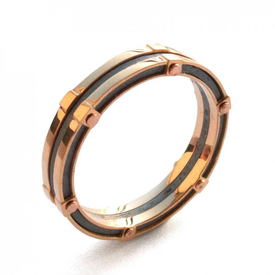 Mariage - Gold Wedding Band, Men's 18K Rose Gold and Oxidized Silver Wedding band, steampunk, Wedding ring, black and gold ring, groom gold ring,BNG 8