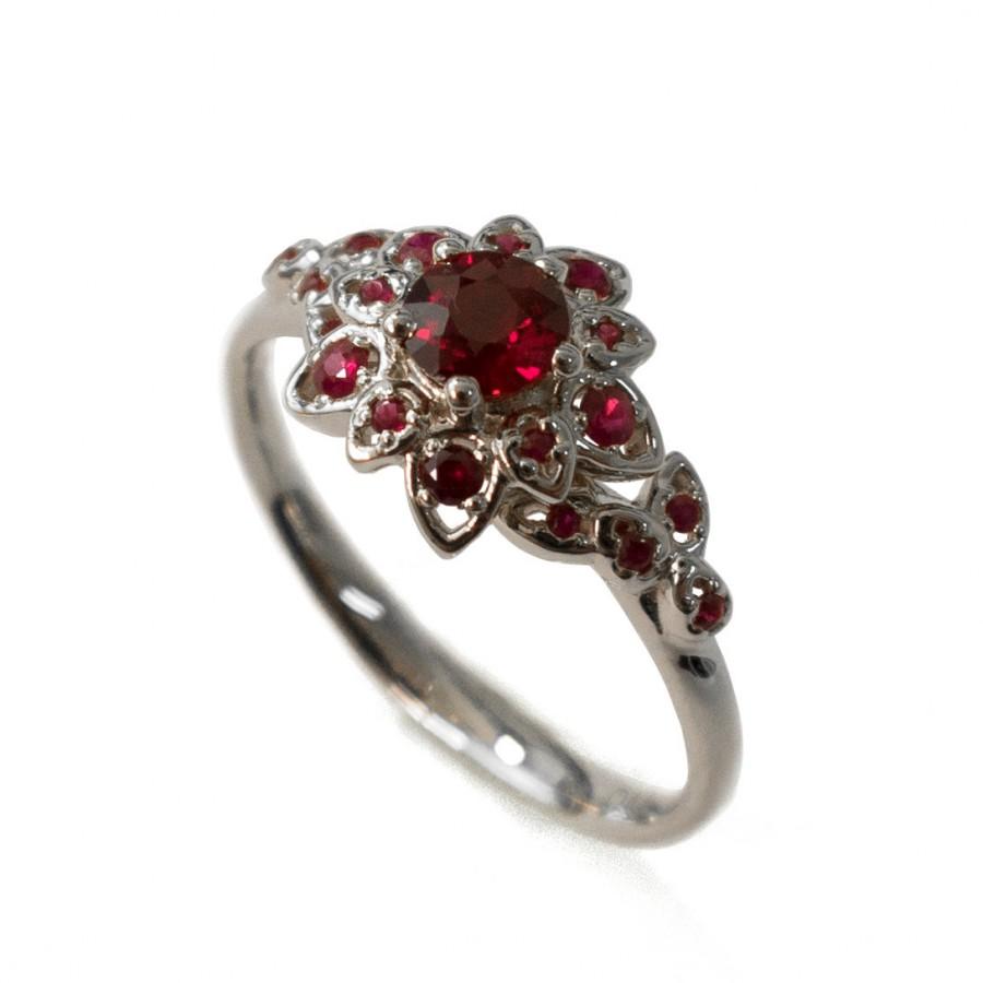Wedding - Ruby Petal Engagement Ring - 18K White Gold and Ruby engagement ring, leaf ring,flower ring,natural ruby ring,halo ring, rubies leaf ring,2B