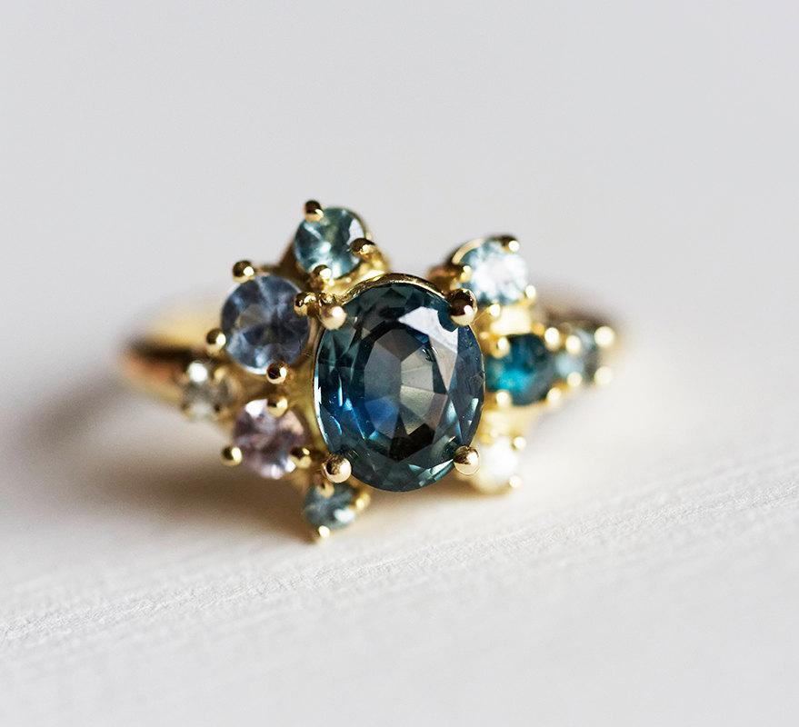 Wedding - Deposit for Custom Cluster Ring, Gold Cluster Ring, Oval Engagement Ring, Green Engagement Ring, Blue Engagement Ring, Unique Engagement
