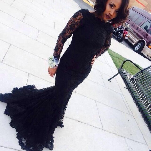 زفاف - Modern Scoop Long Sleeves Lace Black Long Mermaid Prom Evening Dress from Dressywomen