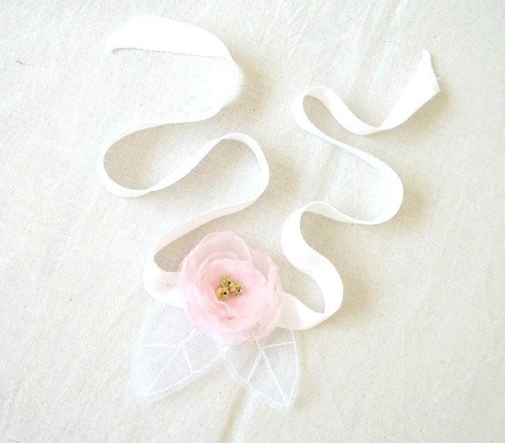 Свадьба - Weddings Flower Girl Headband Fabric Flowers Pastel Pink Organza Flower with Bridal White Tulle Leaves Bridal Sash Bridesmaid Wedding